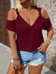 Breezaya Plus Size Casual Solid Color Off-Shoulder T-Shirt, Summer - Burgundy - View 4