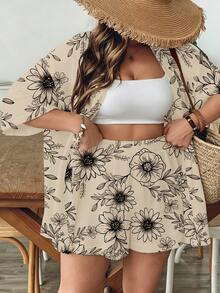 SHEIN VCAY Women's Vacation Resort Style Beige Vintage Boho Line Art Floral Print Short Sleeve Kimono Cover Up - Loose High Waist Shorts Two Pieces Casual Set - Multicolor - View 1