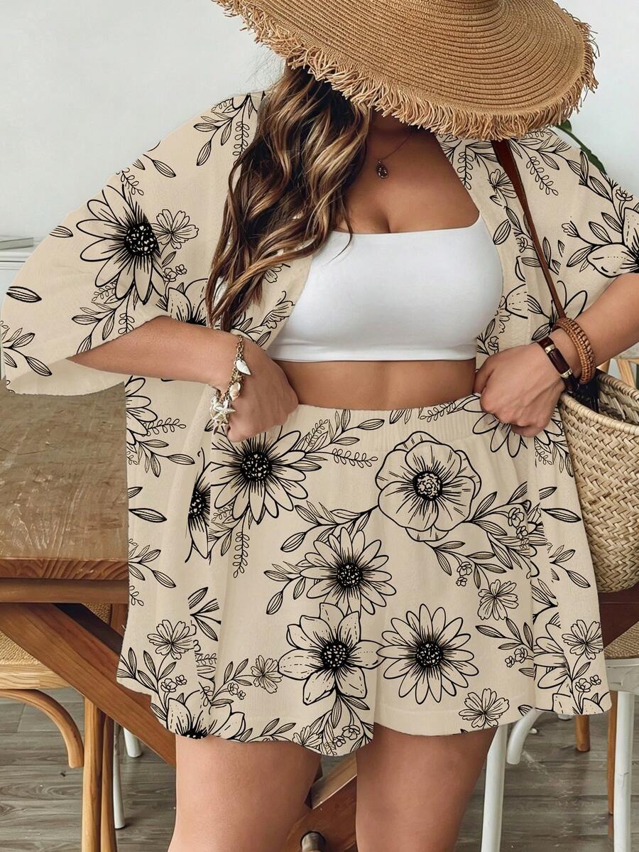SHEIN VCAY Women's Vacation Resort Style Beige Vintage Boho Line Art Floral Print Short Sleeve Kimono Cover Up - Loose High Waist Shorts Two Pieces Casual Set - Multicolor - View 1