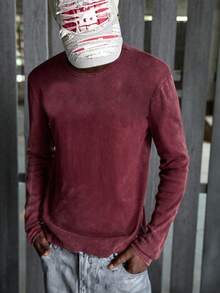 Manfinity RebelGame 男士長袖T恤，刺繡補丁裝飾，度假風格，父親節禮物，足球主題 - 酒紅色 - 查看 5