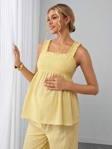 Momance 2pcs Maternity Set, Ruffled Camisole Top Paired With Flowy Wide-Leg Pants, Comfortable Versatile, Gentle Elegant Style Suitable For Pregnancy Daily - Yellow - View 6