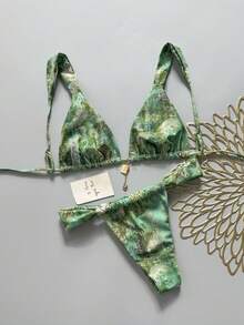 Swim Vcay 女款夏季海灘度假花卉印花比基尼三角褲分體泳衣套裝 綠色熱帶風 - 彩色 - 查看 2