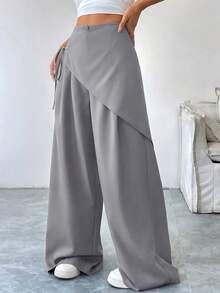 SHEIN Raffinéa Women's Fashion Lace-Up Asymmetrical Patchwork Button Casual Long Pants - Grey - View 5