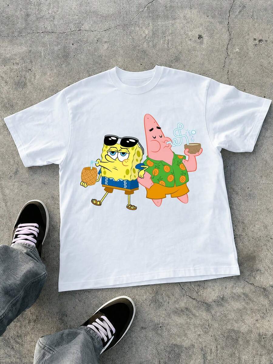 SpongeBob SquarePants | SHEIN Manfinity EMRG 男士夏季休閒卡通印花T恤,度假款 - 白色 - 查看 1