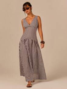 Athîral Women's Casual Plaid V-Neck Sleeveless Waist-Cinched Elegant Long Dress,For Summer Holiday Vacation Beach Festival, Brown Dress,Women's Plaid Dress - Multicolor - View 5