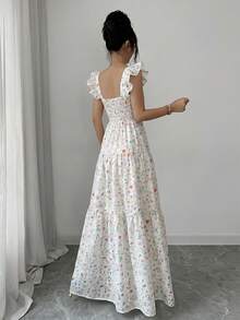 SHEIN Elenzya 女款春夏優雅碎花印花荷葉邊肩帶A字長洋裝，適合野餐、情人節約會、海灘聚會、旅行度假 - Pearl White - 查看 2