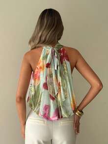 Aloruh Printed Mesh Halter Neck Top For Women - Multicolor - View 3