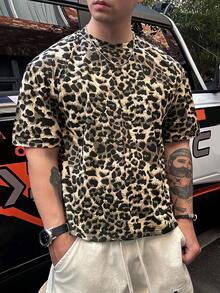 DAZY 男士夏季棕色豹紋布料短袖街頭風T恤 - 彩色 - 查看 5