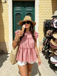 Vionelle Plus Size Women's Solid Color Pleated Casual Versatile Daily Travel Shirt - Coral Pink - View 5