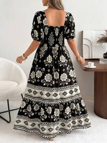 Ceyna Spring/Summer New Women's Retro Square Neck Short Sleeve Casual Boho Elegant Romantic Vacation Floral Print Long Hem Patchwork Dress Vacation Black - Black - View 2