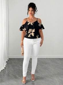 SHEIN Clasi Plus Size Elegant Business Casual Floral Print Off-Shoulder Camisole Shirt For Summer Vacation Black Dates Holiday Outfits For Women Sexy Outfits - Black - View 4
