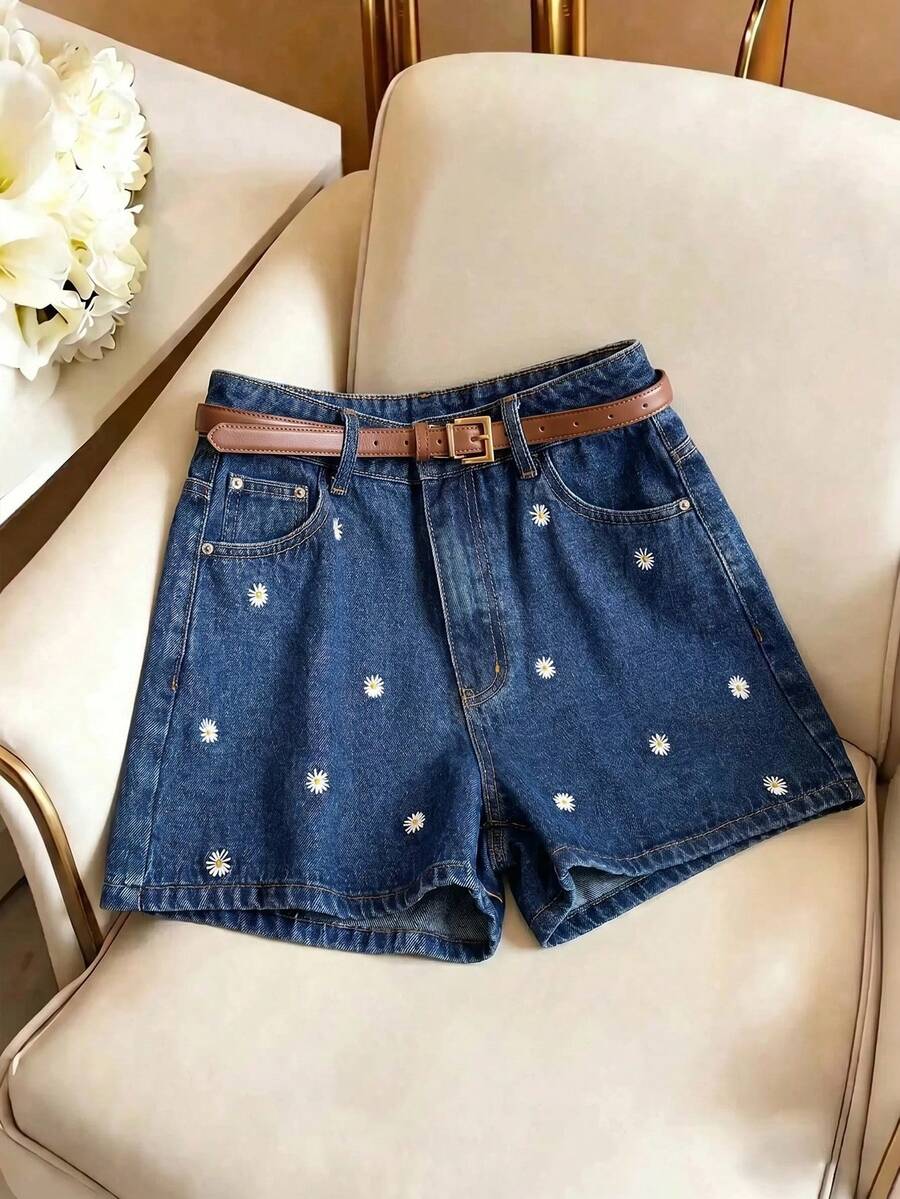 GlowEve Women's Embroidered Denim Shorts, Summer - Dark Wash - View 1