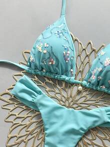 Swim Mod Bộ 2 món, áo ngực tam giác cổ yếm và quần bikini nữ sexy, vải sequin vân nổi trang trí ngọc trai giả, đồ bơi đi nghỉ dưỡng - Màu xanh bạc hà - Xem 4