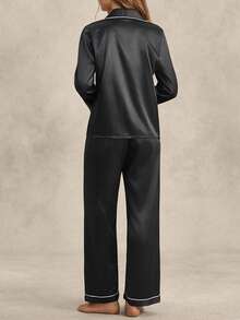 EverLounge 撞色滚边缎面睡衣套装/家居服套装，秋季服装，舒适优雅细节，冬季 - 黑色 - 查看 2