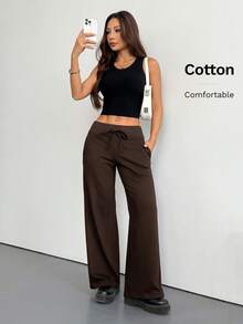 PETITE Women's Smooth Fabric Sports Trousers, Comfortable And Casual, Low Waist And Wide Leg, Autumn Clothing For Women, Winter Clothing For Women - 咖啡棕 - 查看 5