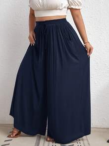 SHEIN CURVE+ 大尺碼高腰寬腿褲，附腰帶、側口袋、羅紋面料、黑色，適合度假、優雅休閒場合、基本搭配、夏季、海灘假期、波西米亞節慶波西米亞度假 - 藏蓝色 - 查看 3