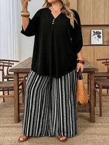 SHEIN CURVE+ 两件套加大码女式休闲V领短袖上衣和印花长裤度假套装，春秋季 - 黑色 - 查看 5