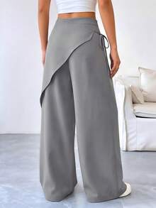 SHEIN Raffinéa Women's Fashion Lace-Up Asymmetrical Patchwork Button Casual Long Pants - Grey - View 2
