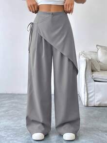 SHEIN Raffinéa Women's Fashion Lace-Up Asymmetrical Patchwork Button Casual Long Pants - Grey - View 6