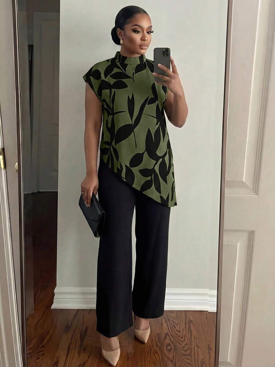 SHEIN Lady 女款植物圖案不對稱下擺襯衫與長褲兩件套 - 軍綠色 - 查看 1