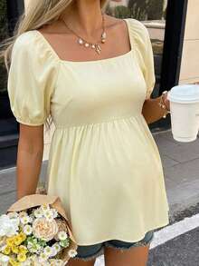 SHEIN Camisa de maternidad simple y versátil con pliegues para vacaciones - Amarillo - Ver 6