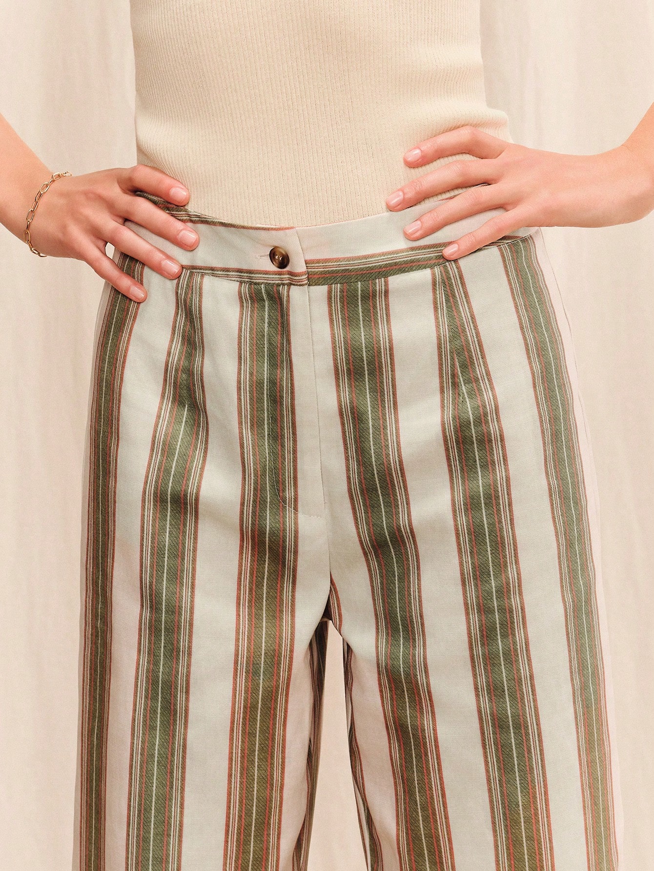 White And Brown Stripped Trousers Mid-Rise Waist Summer Work Holiday Office French Vinatge Style