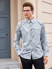 Officeau Cămașă bărbătească elegantă cu imprimeu geometric, stil naveta, top cu mânecă lungă - Gri - Vizualizare 5