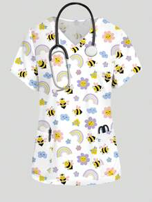 PopScrub Bee, Rainbow, Flower Cartoon Pattern Women's Nurse Uniform Top, Spring/Summer Fashion V-Neck Short Sleeve Double Pocket Design Side Slit Workwear, Women's Cute Scrub Top, Uniform Top - White - View 1