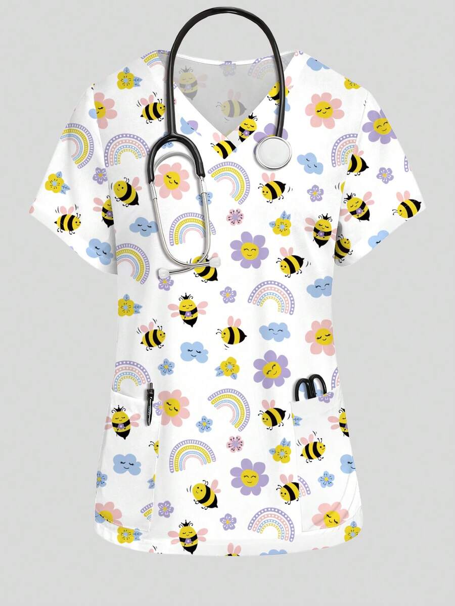 PopScrub Bee, Rainbow, Flower Cartoon Pattern Women's Nurse Uniform Top, Spring/Summer Fashion V-Neck Short Sleeve Double Pocket Design Side Slit Workwear, Women's Cute Scrub Top, Uniform Top - White - View 1