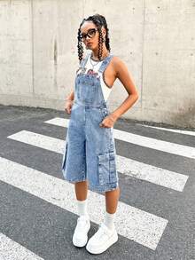 SHEIN 青少年女孩 Y2K 休閒純色水洗翻蓋口袋吊帶背帶牛仔褲工裝連身褲（不含背心），青少年女孩返校穿搭服裝 - 淺色水洗藍 - 查看 3