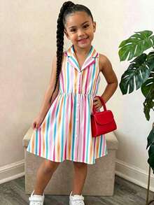 SHEIN Elladie kids 女童彩色条纹Polo领露背系带连衣裙，柔软梭织面料，可爱甜美风格，优雅舒适，适合上学、郊游、派对、春夏季节穿着。 - 彩色 - 查看 6