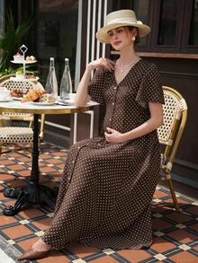 Momance Printed Polka Dot Split Long Ruffle Sleeve Casual Split Maternity Dress - Brown - View 8