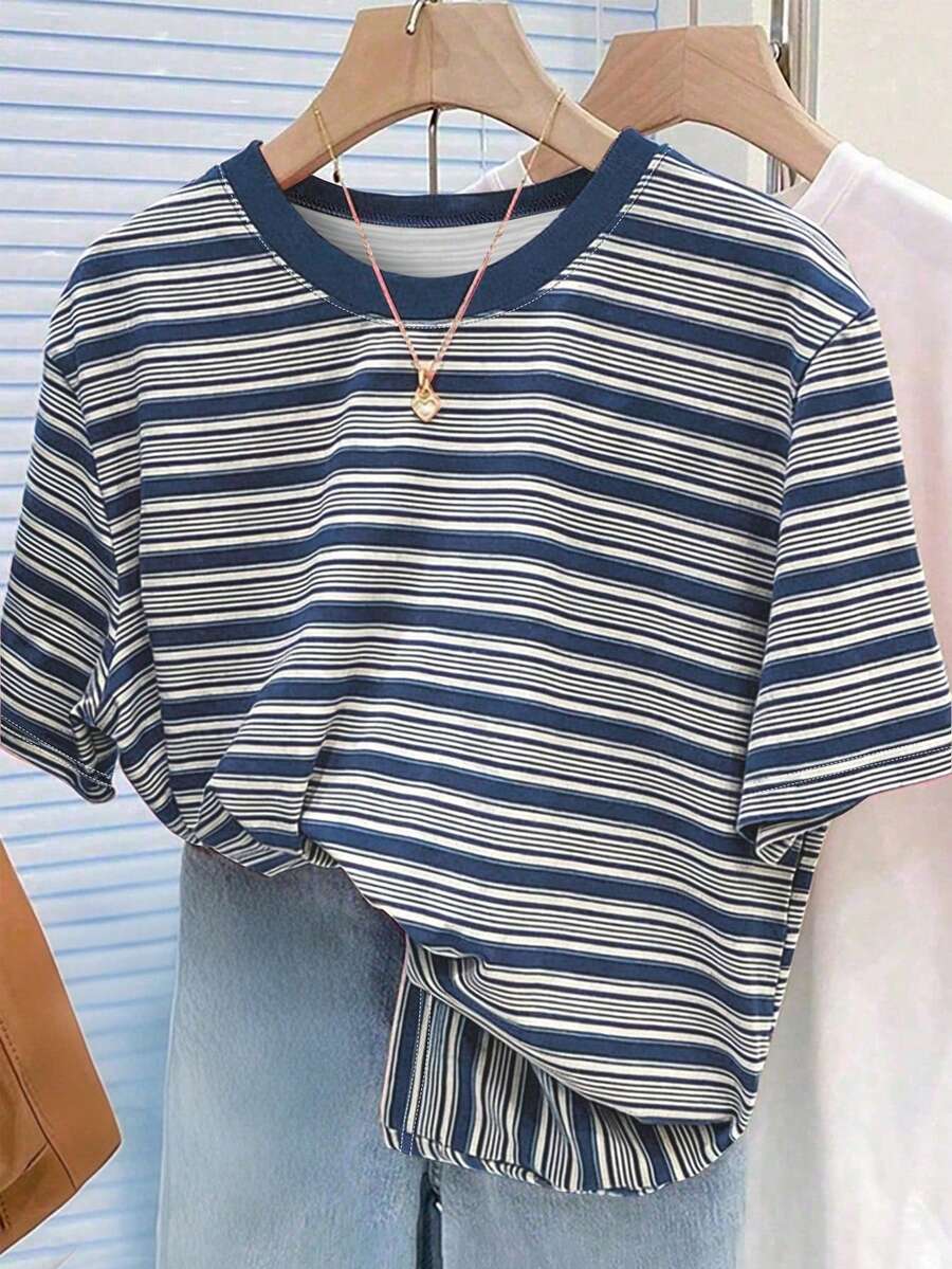 SHEIN Áo thun ngắn tay nữ kẻ sọc nhiều màu sắc kiểu cổ điển, áo kiểu thường ngày cho mùa hè. - Nhiều màu - Xem 1