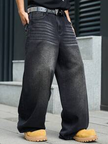 Manfinity EMRG 男士休閒街頭風斑馬刺繡鬍鬚黑色牛仔長褲 - 黑色 - 查看 3