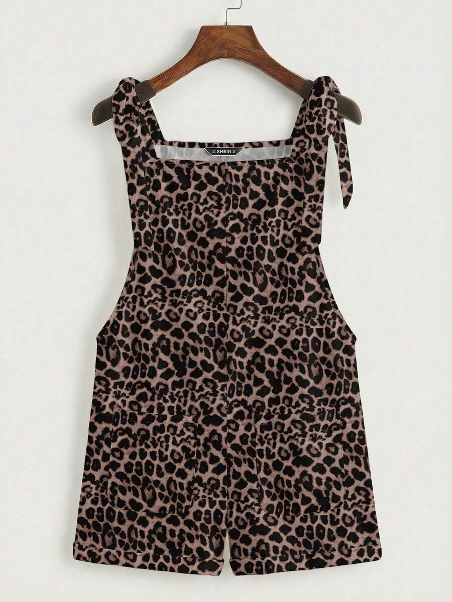 SHEIN EZwear 休閒極簡復古豹紋打結肩帶口袋拼接連身褲，適合日常通勤、約會、派對、秋冬夏季、聖誕節、新年、感恩節、婚禮、海灘、畢業典禮，時尚優雅休閒，適合出遊、預約、亮面、情人節、度假、Y2K風格等 - 彩色 - 查看 1