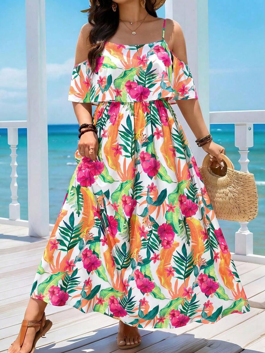 Comfylo 大尺碼女款長版露肩波西米亞花卉印花洋裝,夏季度假穿搭洋裝 - 彩色 - 查看 1