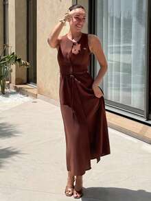 Mélanie ORL 女款圓領單排扣無袖棕色優雅夏季洋裝 - 棕色 - 查看 4