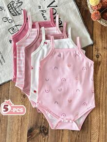 SHEIN Playful Pals 5件組女嬰幼童0-3歲休閒日常百搭萬用連身衣套裝，多色水果、彩虹、花卉、條紋羅紋針織連身衣套組 - 粉色 - 查看 3