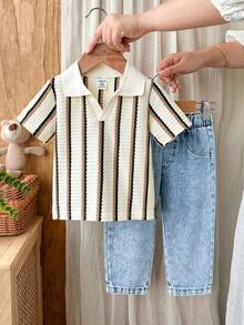 SHEIN Vintaside Kids Toddler Boys' Casual Lapel Short Sleeve Top Paired With Fashionable Washed Denim Pants Set, Suitable For Daily Wear, Family Camping, Dining Or Shopping - Brown - View 5