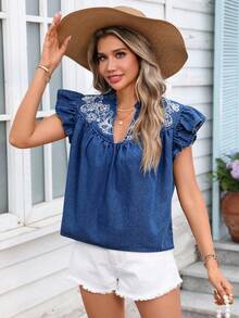 SHEIN Holidaya Women's Floral Embroidery V-Neck Cap Sleeve Denim Top Vacation Blue Floral Summer Casual Boho - Blue - View 7