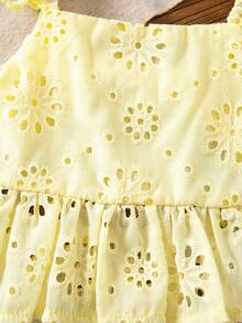 SHEIN LMoss Kids 女嬰可愛夏季度假百搭刺繡蝴蝶結背心上衣 - 芥末黃 - 查看 6