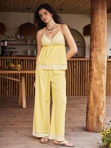 Lullawish Bohemian Casual Comfortable Young Hollow Floral Knit Fabric Patchwork Contrast Color Cotton Blend Camisole Women Pajama Set Sleeping Yellow Summer - Yellow - View 4
