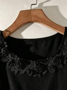 GlowEve CURVE Plus Size Women Casual Floral Embroidery Round Neck Ruffle Sleeve T-Shirt, Summer - Black - View 6