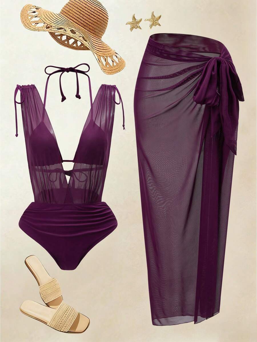 Swim Oasis 26SS Spring/Summer Solid Color Casual Vacation One-Piece Swimsuit For Women, With Cover Skirt - Red Violet - View 1