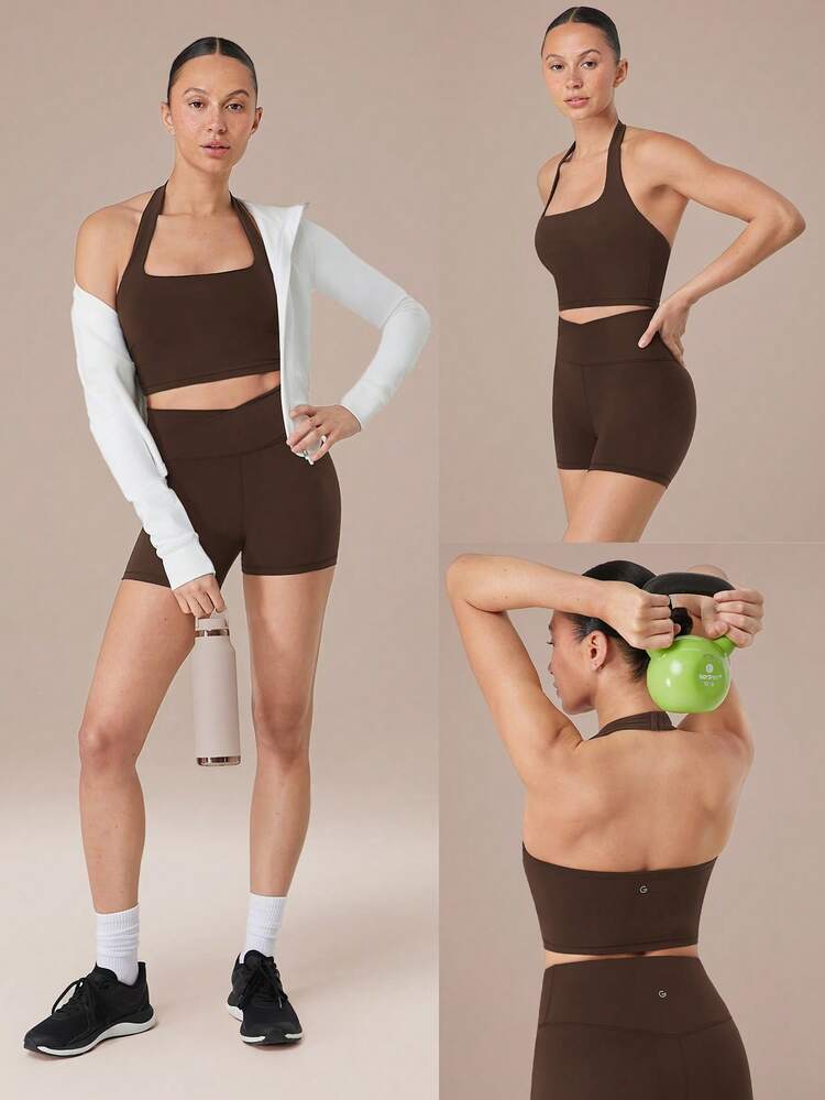 2 Pieces FeatherFit™-Sculpt Super Set Adjustable Halter Sports Tank Top & 4.3" Y-Shaped Butt Crossover Waist Active Shorts Set Workout Gym