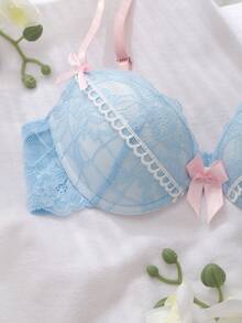 FairyFlirt 浅蓝色舒适半罩杯文胸，带钢圈，高支撑，提拉塑形，蕾丝拼接，撞色设计，蝴蝶结装饰，可爱优雅女士内衣 - 淺藍色 - 查看 4