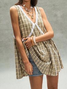 Bohemela Casual Woven Plaid V-Neck Mini Dress For Women - Yellow - View 3