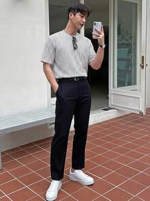 DAZY 男士夏季條紋紋理布料短袖T恤 - 彩色 - 查看 5