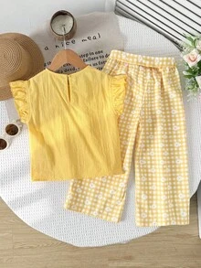 SHEIN Young Girl Knitted Solid Color Ruffle Collar 3D Flower Top And Woven Ditsy Floral Loose Pants Set - Multicolor - View 6