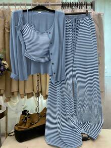 GlowEve CURVE Plus Size Solid Color Knit Cardigan, Front Button Closure, Striped Fitted Drawstring Decor, Elegant Casual Commute Daily Wear Pants Fall - Blue and White - View 1